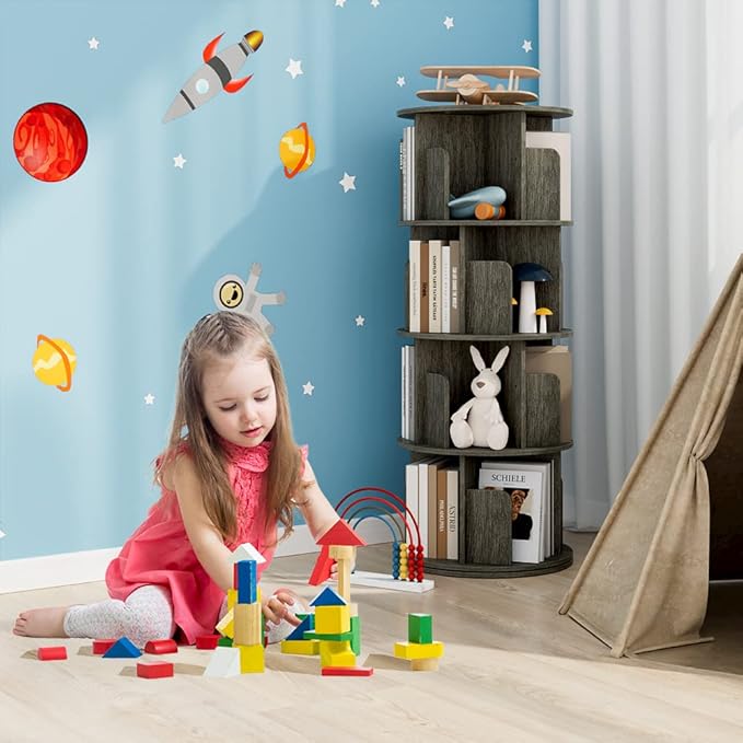 OTK Rotating Bookshelf, 360° Display Standing Book Shelf Organizer, 4 Tier Wooden Corner Bookshelves for Small Space, Small Bookcase Storage Rack for Kids' Room, StudyRoom, Bedroom, Black Oak - LeafyLoom