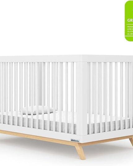 dadada Baby Soho 3-in-1 Convertible Crib – Made in Italy, GREENGUARD Gold, Adjustable Mattress Height, Solid Beechwood – Baby-Safe Finish, Modern Design 53.15 x 29.95 x 36.7 in (White + Natural) - LeafyLoom