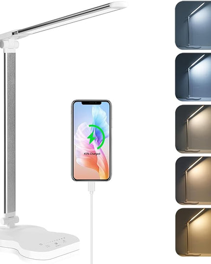 Led Desk Lamp with USB Charging Port, 5 Lighting Colors & 10 Brightness Reading Lamp, Foldable Dimmable LED Desk Light, 3000-6500K, Violin Shape Lamp Desk Lamps for Home Office-White - LeafyLoom