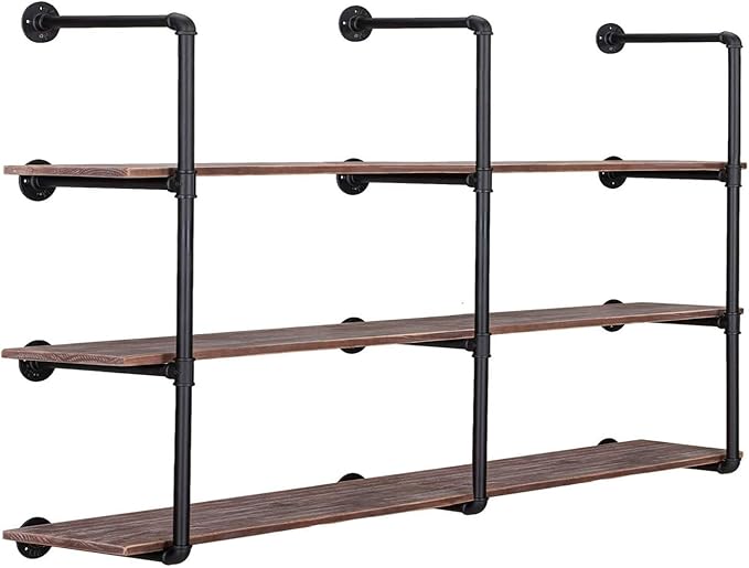 Pynsseu Industrial Iron Pipe Shelving Brackets Unit, Farmhouse Wall Mounted Pipe Shelves for Kitchen Bathroom, DIY Bookshelf Living Room Storage, 3Pack of 4 Tier - LeafyLoom