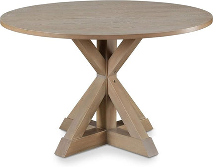 Finch Alfred Round Solid Wood Rustic Dining Table for Farmhouse Kitchen Room Decor, Wooden Trestle Pedestal Base, 46.5" Wide Circular Tabletop, Distressed Beige, 47 in x 47 in x 29.2 in - LeafyLoom