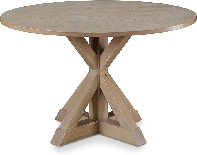 Finch Alfred Round Solid Wood Rustic Dining Table for Farmhouse Kitchen Room Decor, Wooden Trestle Pedestal Base, 46.5" Wide Circular Tabletop, Distressed Beige, 47 in x 47 in x 29.2 in - LeafyLoom