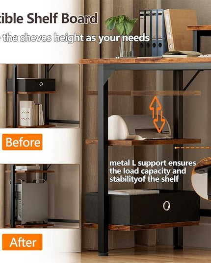 Furologee Computer Desk with Shelves and Fabric Drawer, 47" Home Office Gaming Desk with Monitor Stand, Reversible Study Writing Desk with Hooks, Rustic Brown - LeafyLoom