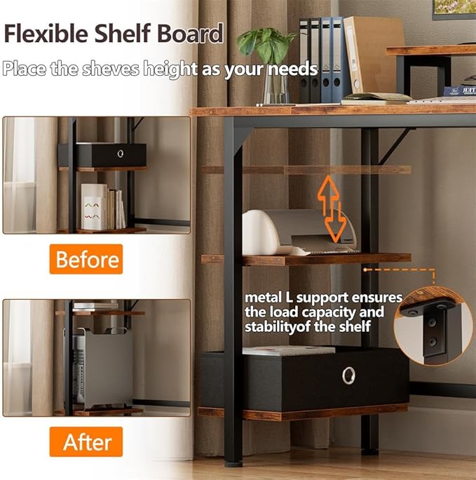 Furologee Computer Desk with Shelves and Fabric Drawer, 47" Home Office Gaming Desk with Monitor Stand, Reversible Study Writing Desk with Hooks, Rustic Brown - LeafyLoom