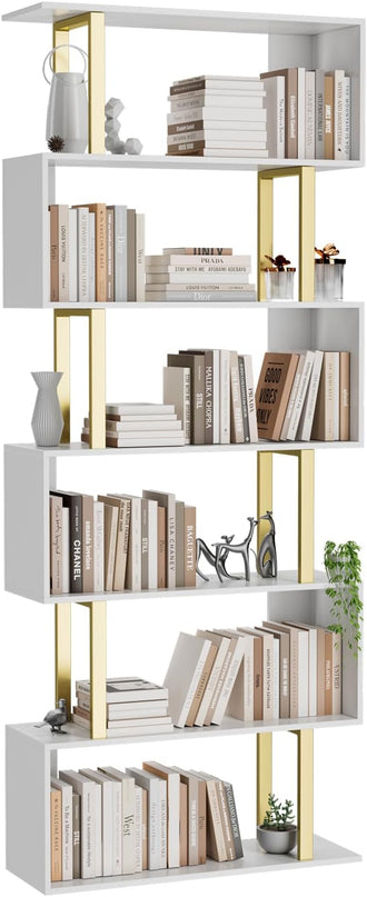 Gadroad 6-Tier Geometric Bookcase,S Shaped Bookshelf, Wood Decorative Storage Shelving, Modern Freestanding Display Shelves, Tall Book Shelf Unit for Living Room Bedroom - LeafyLoom