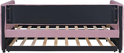 Twin Size Tufted Upholstered Daybed with Trundle, Solid Wood Velvet Bed with Rivet Design, No Box-spring Needed, for Living Room, Bedroom, Dorm, Space-Saving Design - LeafyLoom
