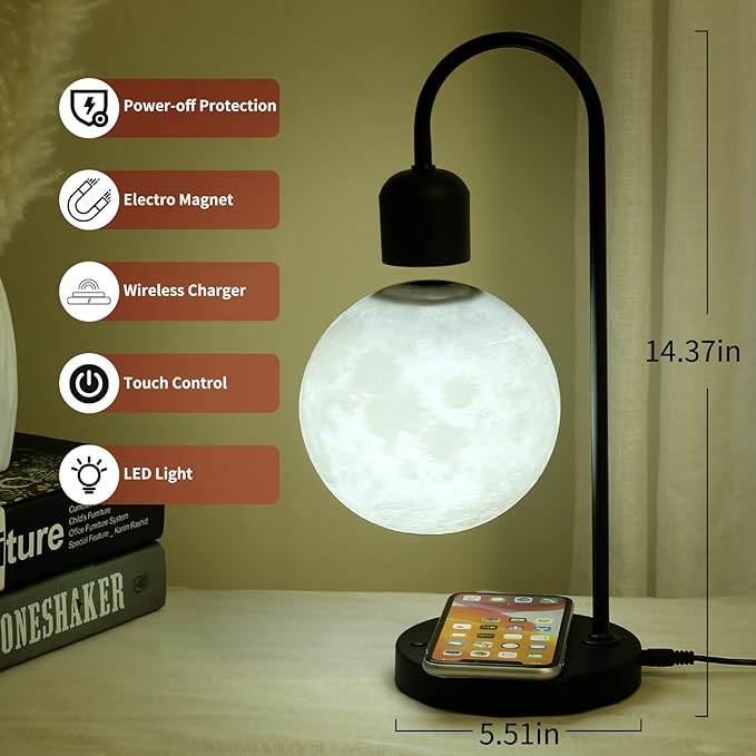 Floating Moon Lamp with Wireless Phone Charger & LED Levitating Ball in The Air Freely Unique Magnetic Cloud Desk Lamp with Cool Night Light, Home Office Decor & Gift for Friends Families - LeafyLoom