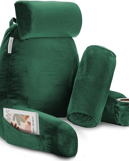 Clara Clark Reading Pillow, Large Back Pillow for Sitting Up in Bed, Memory Foam Back Support Pillow, Reading Pillows for Sitting in Bed Adult, Dark Green Sit Up Pillow for Bed with Arms and Pockets - LeafyLoom