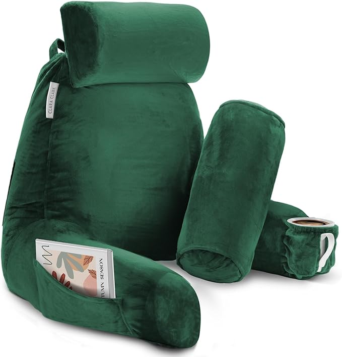 Clara Clark Reading Pillow, Large Back Pillow for Sitting Up in Bed, Memory Foam Back Support Pillow, Reading Pillows for Sitting in Bed Adult, Dark Green Sit Up Pillow for Bed with Arms and Pockets - LeafyLoom