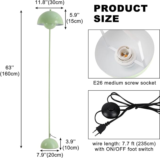 COSYLUX Modern Floor Lamp for Living Room, Industrial Tall Standing Lamp for Bedroom, Metal Shade Reflecting Light reading Floor Lamp for Office, Nursery Room, Corner(Pastel Green) - LeafyLoom