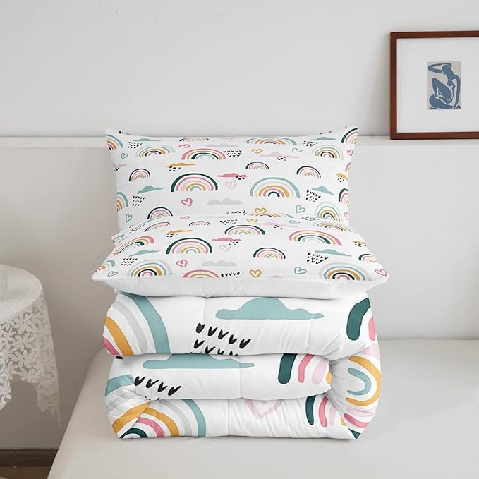 Erosebridal Rainbow Bedding Set for Kids Girls, Pink Love Heart Comforter Set Queen Size Cartoon Cloud Geometric Stripes Bedding Comforter for Boys Children Women Watercolor Art Girly Duvet Sets - LeafyLoom