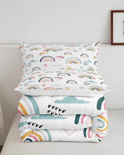 Erosebridal Rainbow Bedding Set for Kids Girls, Pink Love Heart Comforter Set Full Size Cartoon Cloud Geometric Stripes Bedding Comforter for Boys Children Women Watercolor Art Girly Duvet Sets - LeafyLoom