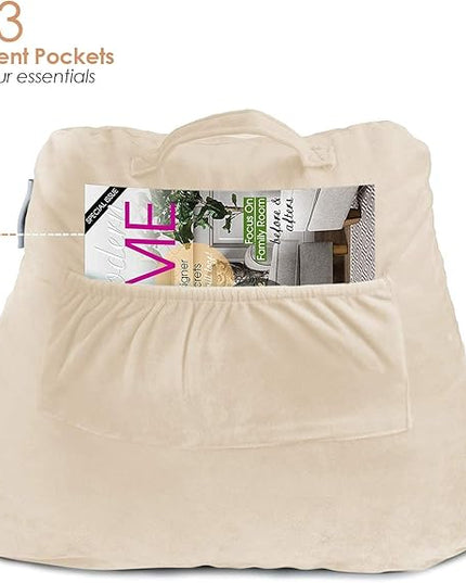 Nestl Reading Pillow with Portable Laptop Lap Desk, Velvet Feel Back Pillow for Sitting in Bed, Shredded Memory Foam Back Support Pillow for Bed, Bed Rest Pillow with Arms, Small - Cream - LeafyLoom