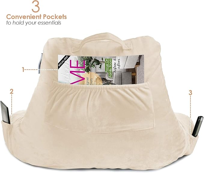 Nestl Reading Pillow with Portable Laptop Lap Desk, Velvet Feel Back Pillow for Sitting in Bed, Shredded Memory Foam Back Support Pillow for Bed, Bed Rest Pillow with Arms, Standard - Cream - LeafyLoom