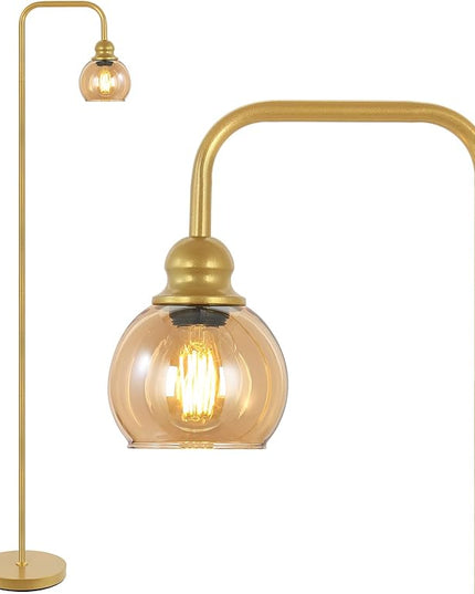 Modern Floor Lamp for Living Room with 6W LED Bulb, Industrial Floor Lamp, Amber Glass, Classic Reading Tall Lamp for Home Office, Standing Lamp for Study, Minimalist, Vintage, Mid Century, Brass Gold - LeafyLoom