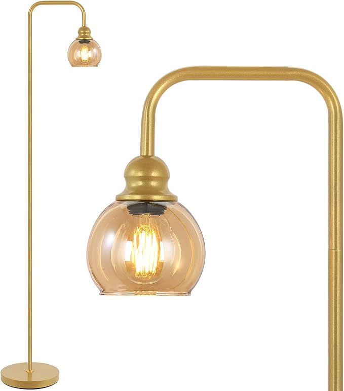 Modern Floor Lamp for Living Room with 6W LED Bulb, Industrial Floor Lamp, Amber Glass, Classic Reading Tall Lamp for Home Office, Standing Lamp for Study, Minimalist, Vintage, Mid Century, Brass Gold - LeafyLoom