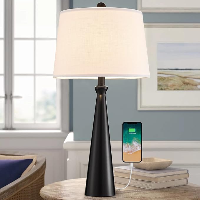 Oneach 25.75” Modern Table Lamps with USB Port Set of 2 Accent Gold Nightstand Lamp for Living Room Bedroom Office Black - LeafyLoom