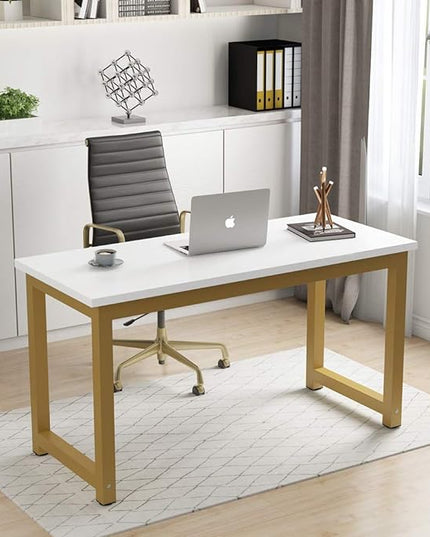 Tribesigns Modern Computer Desk, 55 inches Large Office Desk Computer Table Study Writing Desk for Home Office, White Gold Metal Frame - LeafyLoom