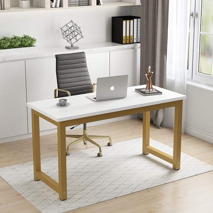 Tribesigns Modern Computer Desk, 55 inches Large Office Desk Computer Table Study Writing Desk for Home Office, White Gold Metal Frame - LeafyLoom