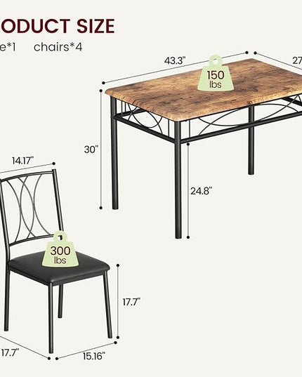Dining Table Set, 5 Piece Dining Table set for 4, Rectangle Kitchen Table Set with 4 Upholstered Chairs, Dining Table Set for Small Space, Apartment, Retro Brown - LeafyLoom