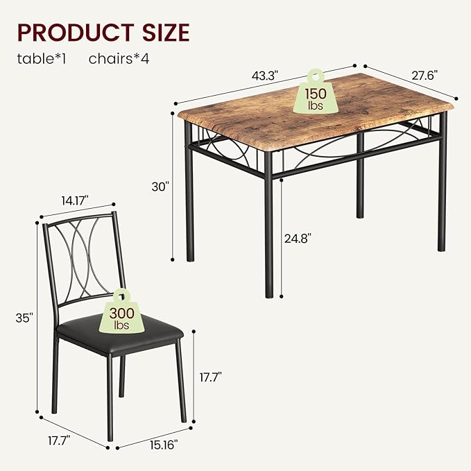 Dining Table Set, 5 Piece Dining Table set for 4, Rectangle Kitchen Table Set with 4 Upholstered Chairs, Dining Table Set for Small Space, Apartment, Retro Brown - LeafyLoom