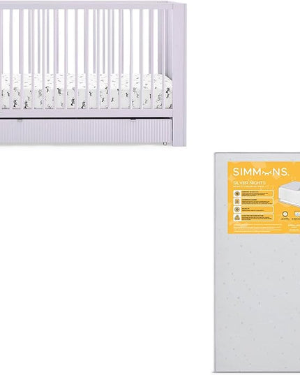 Delta Children Cassie 4-in-1 Convertible Crib with Underdrawer, Lilac + Simmons Kids Silver Nights Dual Sided 2-Stage Baby Crib Mattress (Bundle) - LeafyLoom