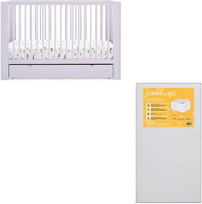 Delta Children Cassie 4-in-1 Convertible Crib with Underdrawer, Lilac + Simmons Kids Silver Nights Dual Sided 2-Stage Baby Crib Mattress (Bundle) - LeafyLoom