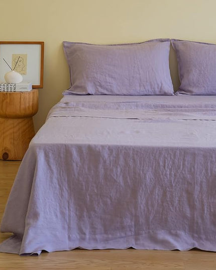 Simple&Opulence 100% Linen Sheet Set Solid Color-4 Pcs Washed French Linen Bed Sheets(1 Flat Sheet,1 Fitted Sheet,2 Pillowcases)-Breathable Bedding Set(California King, Lilac) - LeafyLoom