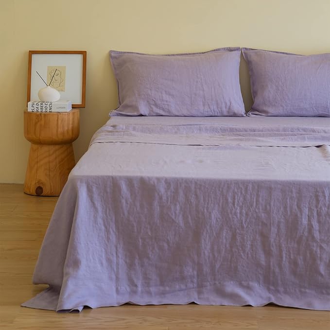 Simple&Opulence 100% Linen Sheet Set Solid Color-4 Pcs Washed French Linen Bed Sheets(1 Flat Sheet,1 Fitted Sheet,2 Pillowcases)-Breathable Bedding Set(California King, Lilac) - LeafyLoom