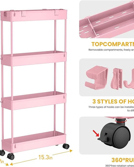 SPACELEAD Slim Storage Cart 4 Tier,Bathroom Storage Organizer Rolling Utility Cart, Mobile Shelving Unit Slide Out Storage Cart for Office, Bathroom, Kitchen, Laundry Room & Narrow Places， Pink - LeafyLoom