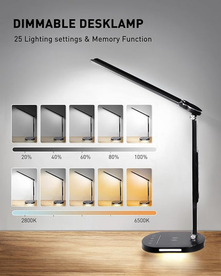 LED Desk Lamps for Home Office, Double Head Table Lamp with Wireless Charger, USB Charging Port, Clock, Alarm, Date, Temperature, Bedside Nightstand Light with Night Light for Bedroom Reading 14W - LeafyLoom