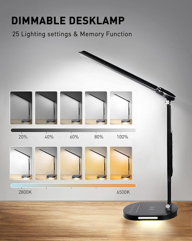 LED Desk Lamps for Home Office, Double Head Table Lamp with Wireless Charger, USB Charging Port, Clock, Alarm, Date, Temperature, Bedside Nightstand Light with Night Light for Bedroom Reading 14W - LeafyLoom