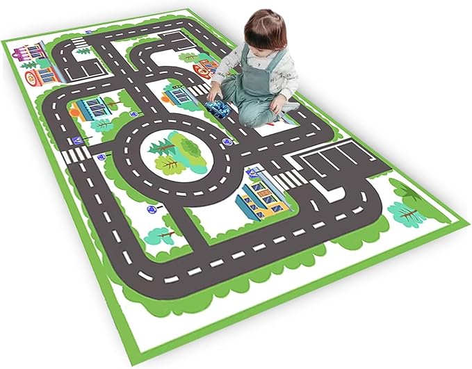 kid rug carpet playmat for toy cars and trains,road traffic kids play area rug,city Life town play Mat for Playroom Bedroom Boys,Children's Educational Fun Throw Rug with Rubber Backing 63X91IN - LeafyLoom