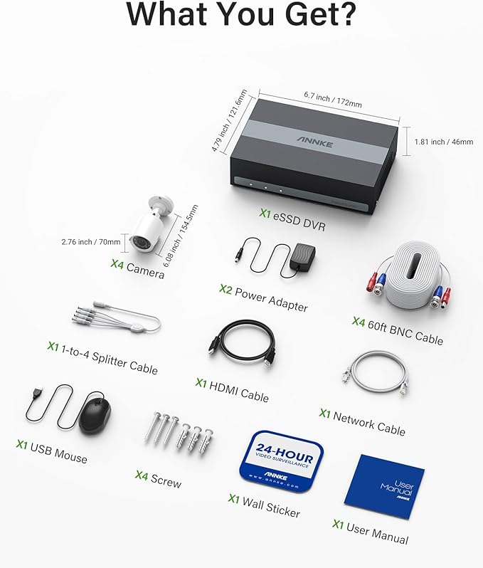 ANNKE Security Camera System, 3K Lite 5-in-1 H.265+ 8CH eDVR with 1TB eSSD and (4) 1080p (2MP) Weatherproof Surveillance Wired Cams, AI Human/Vehicle Detection, 100ft Night Vision, Email Alert ANNKE