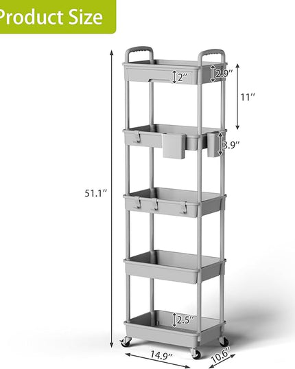 5 Tier Small Rolling Cart Organizer,Bathroom Cart Organizers with Wheels Laundry Room Organization Mobile Shelving Unit Utility Cart Storage Shelves Multi-Functional for Office, Home(Grey) - LeafyLoom