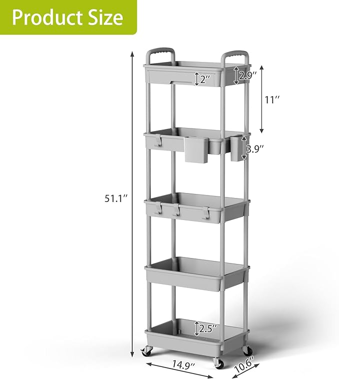 5 Tier Small Rolling Cart Organizer,Bathroom Cart Organizers with Wheels Laundry Room Organization Mobile Shelving Unit Utility Cart Storage Shelves Multi-Functional for Office, Home(Grey) - LeafyLoom