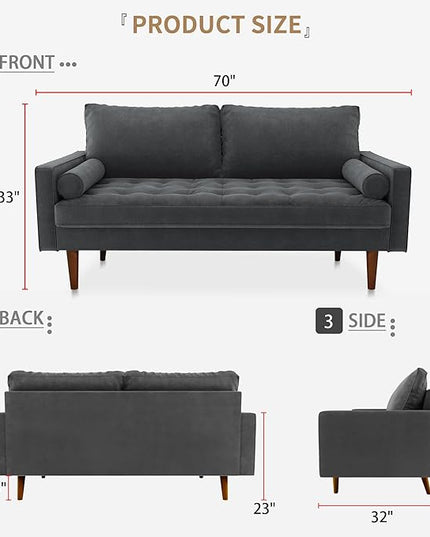 Velvet Furniture for Small Spaces, Mid-Century Modern Loveseats for Living Room, Love Seat Couch Sofas, 70 Inches, Grey - LeafyLoom