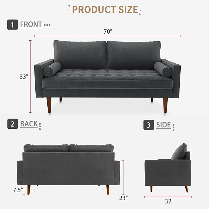 Velvet Furniture for Small Spaces, Mid-Century Modern Loveseats for Living Room, Love Seat Couch Sofas, 70 Inches, Grey - LeafyLoom