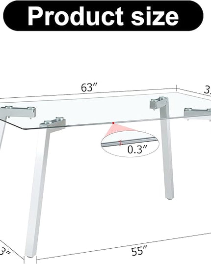 NicBex 63Inch Rectangular Dining Table,Minimalist Kitchen Table with Tempered Glass Tabletop and Silver Metal Legs for 6 to 8,Large Dining Room Table for Kitchen,Dining Living Room,Silver+Transparent - LeafyLoom