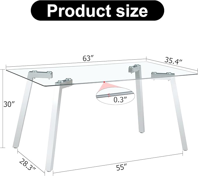 NicBex 63Inch Rectangular Dining Table,Minimalist Kitchen Table with Tempered Glass Tabletop and Silver Metal Legs for 6 to 8,Large Dining Room Table for Kitchen,Dining Living Room,Silver+Transparent - LeafyLoom