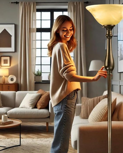 LIGHTACCENTS Royal Floor Lamp with Bronze Finish and Amber Alabaster Glass Shade -looking for Floor Lamp for Bedroom, Standing Lamp Or Floor Lamps for Living Room This Torchiere Floor Lamp - LeafyLoom