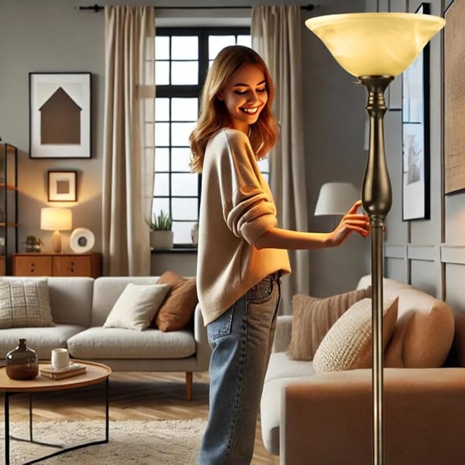 LIGHTACCENTS Royal Floor Lamp with Bronze Finish and Amber Alabaster Glass Shade -looking for Floor Lamp for Bedroom, Standing Lamp Or Floor Lamps for Living Room This Torchiere Floor Lamp - LeafyLoom