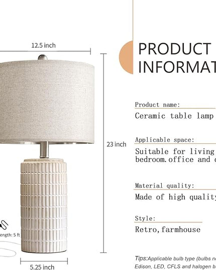PoKat 23" Modern Ceramic Table Lamp Set of 2 for Living Room White Desk Lamps for Bedroom Farmhouse Bedside Nightstand Bedside Lamp End Table Lamps Beige - LeafyLoom