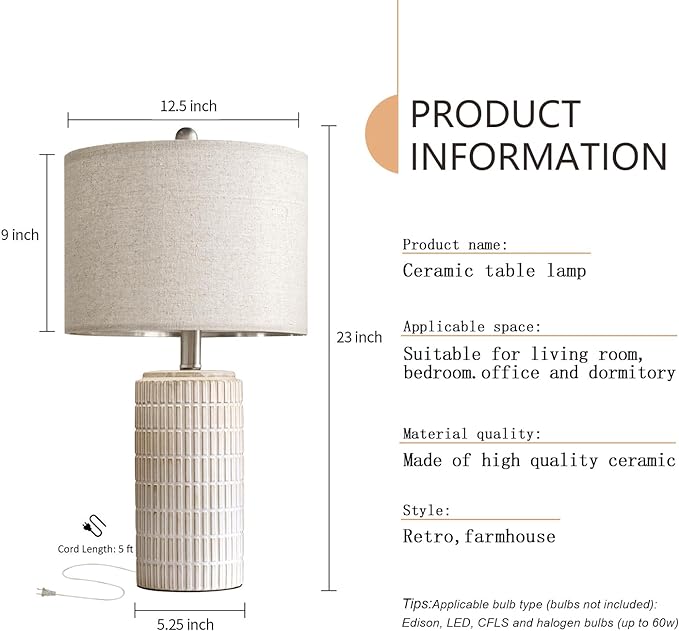 PoKat 23" Modern Ceramic Table Lamp Set of 2 for Living Room White Desk Lamps for Bedroom Farmhouse Bedside Nightstand Bedside Lamp End Table Lamps Beige - LeafyLoom