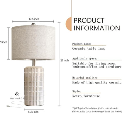 PoKat 23" Modern Ceramic Table Lamp Set of 2 for Living Room White Desk Lamps for Bedroom Farmhouse Bedside Nightstand Bedside Lamp End Table Lamps Beige - LeafyLoom
