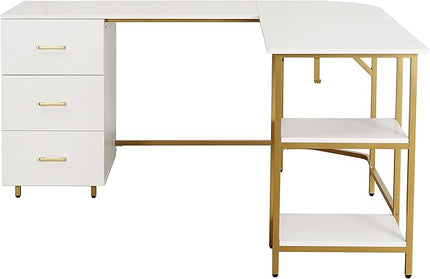 Techni Mobili L Shaped Desk - Two-Toned Computer Desk with Drawers & Storage Shelves - Simple Modern Furniture & Home Office Space Corner Table for Work & Writing - LeafyLoom