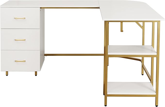 Techni Mobili L Shaped Desk - Two-Toned Computer Desk with Drawers & Storage Shelves - Simple Modern Furniture & Home Office Space Corner Table for Work & Writing - LeafyLoom