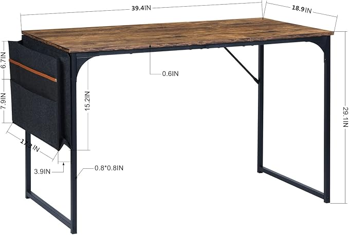 FurnitureR 39.4 inch Small Study Writing Table with Storage Bag Space Saving for Home Office, Modern PC Metal Frame Computer Desk, Brown - LeafyLoom