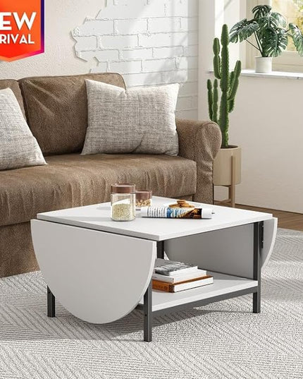 SAYGOER White Coffee Table Modern Extended Coffee Tables with Storage for Living Room 2-Tier Unique Center Table with Two Foldable Panel for Any Large or Small Space, White - LeafyLoom
