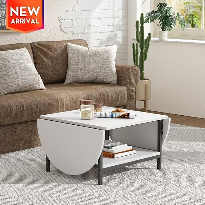 SAYGOER White Coffee Table Modern Extended Coffee Tables with Storage for Living Room 2-Tier Unique Center Table with Two Foldable Panel for Any Large or Small Space, White - LeafyLoom